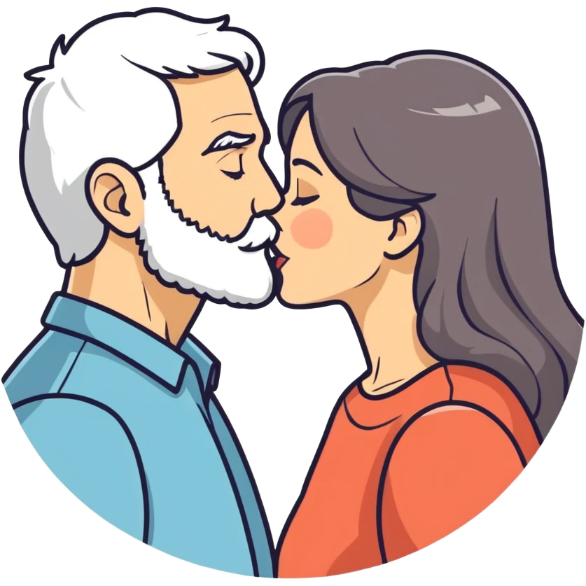 Grey haired bearded man and pretty brunette woman kissing  emoji