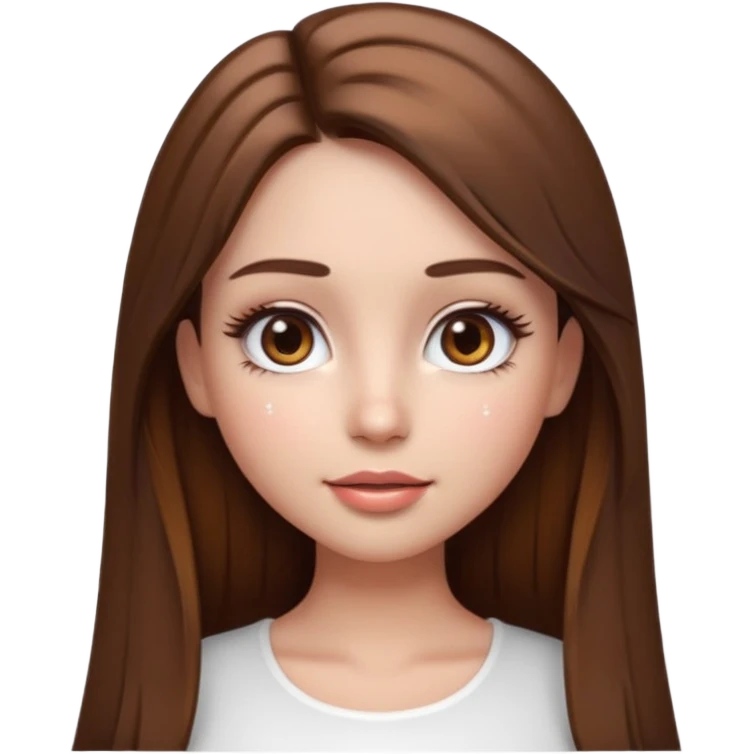 pretty cartoon girl, semi-realistic 3D emoji style, long straight brown hair, brown eyes, long eyelashes, soft glam makeup, glossy lips, smooth skin, cute aesthetic, sparkles in hair, white top emoji
