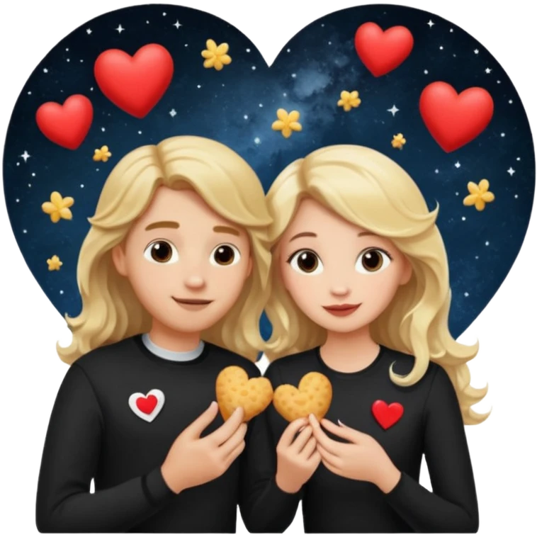 Couple with blonde hair wearing black eating chick filet hearts and outer space in the background. The girl has long wavy hair . emoji