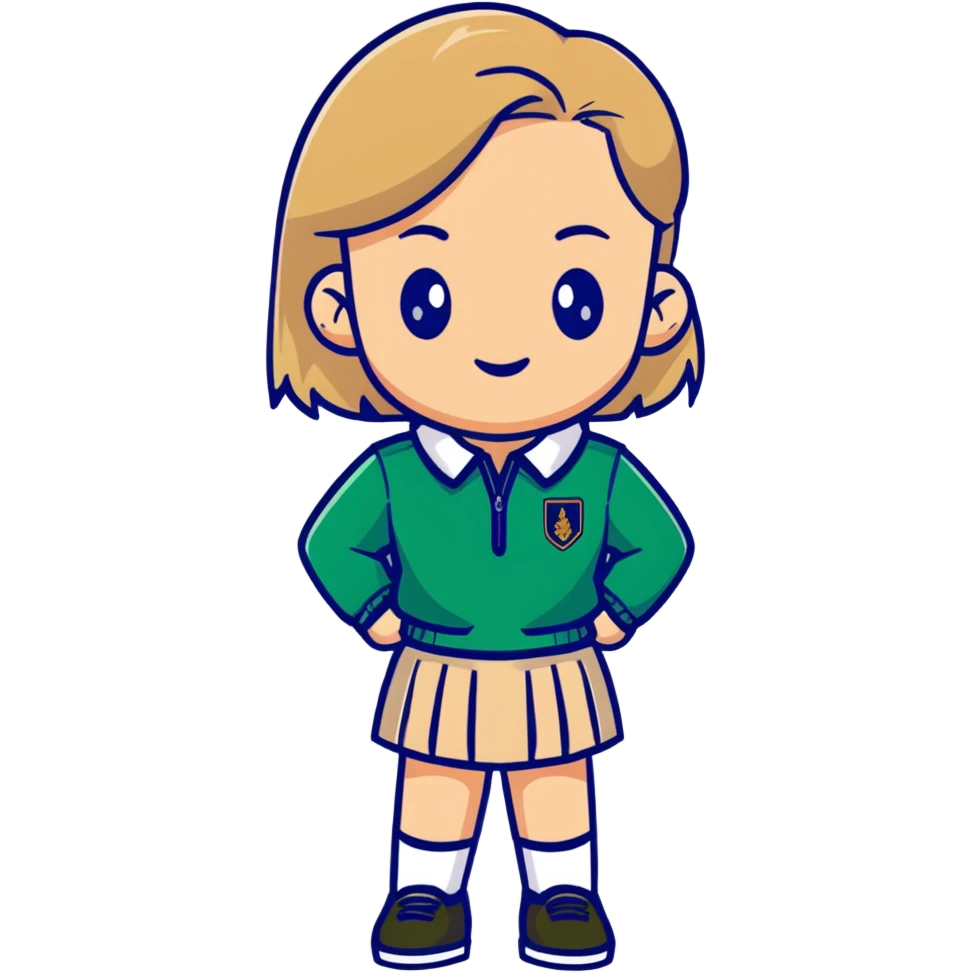 girl in a school uniform wearing a green polo, beige skirt, grey zipper jacket emoji