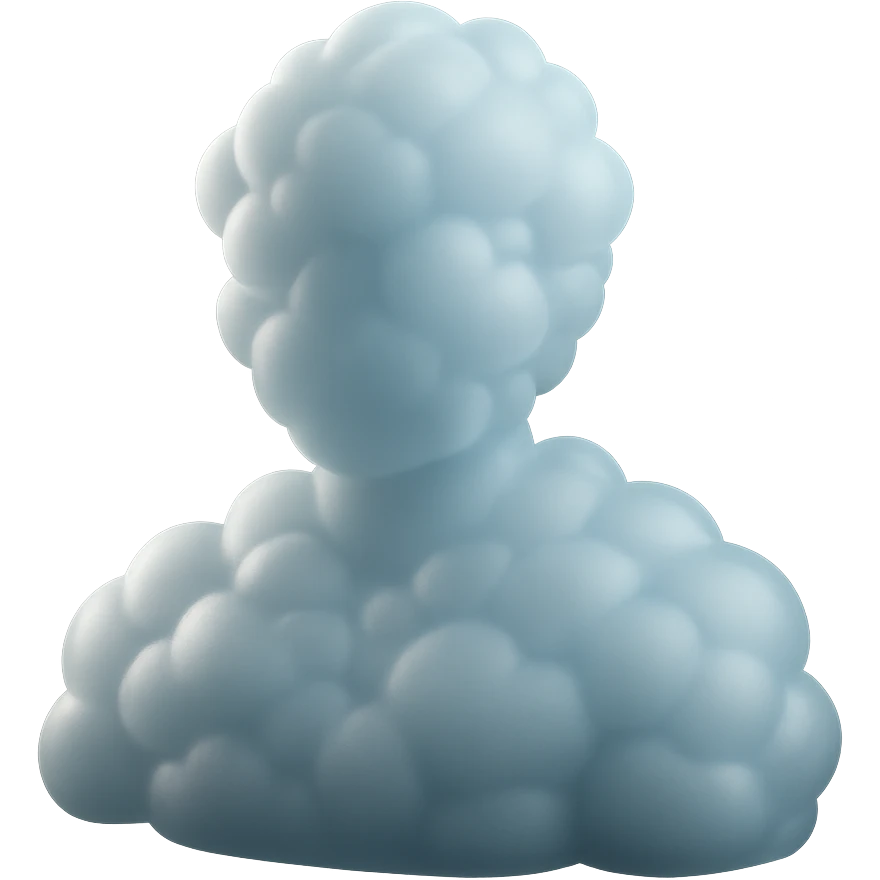 shoulder-up person fully made of white fluffy bulging clouds, matte glass style emoji