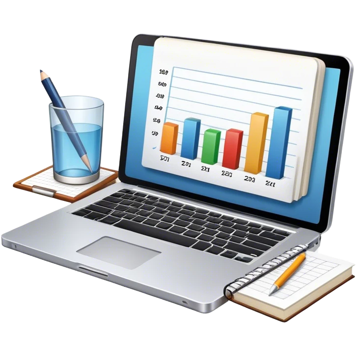 Icon for Business Reading: a prominent book at the forefront, laptop and notepad around it, along with a bar graph. The icon should represent the knowledge and strategy of business literature. Transparent background. emoji
