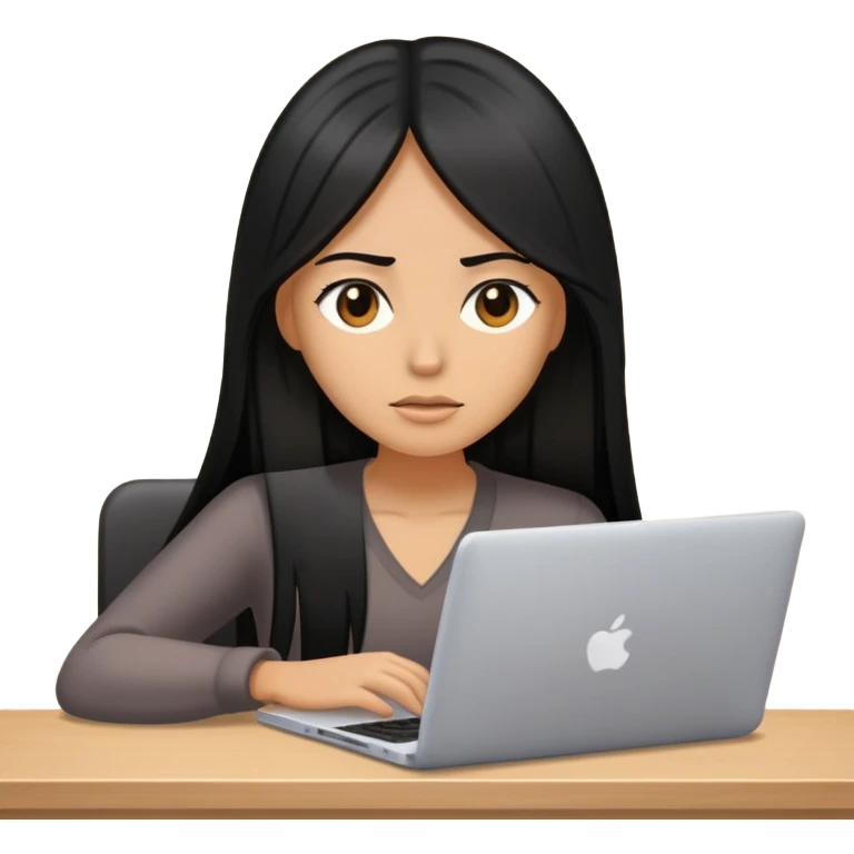 an woman with a long black straight hair who is working with her laptop with her tired face emoji