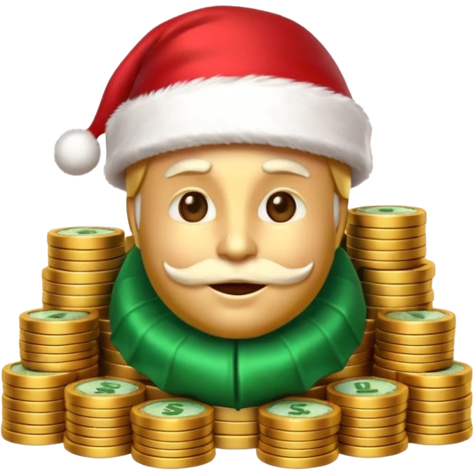 A confident rich emoji face wearing a Santa hat, money stacks, casino vibe, New Year theme, premium 3D emoji style, sharp details, no text, isolated on transparent background emoji