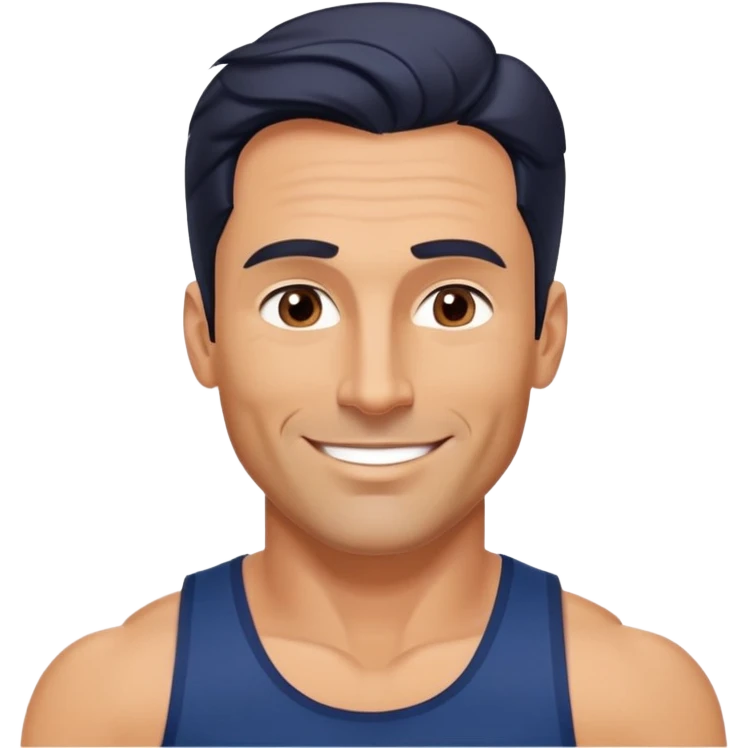 Fit 40-year-old man with tanned skin, long face, chiseled jawline. Attractive features with dark eyes, well-defined arched eyebrows, straight nose. Confident smile. Medium-length wavy dark hair styled in contemporary fashion. Wearing a dark blue tank top. emoji