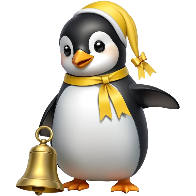 Penguin ringing bell with yellow ribbon emoji