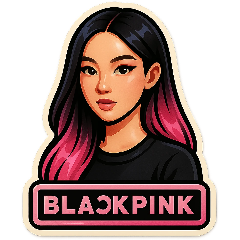 Transform this Blackpink-inspired K-pop avatar into a vibrant sticker with a bold white outline and a glossy finish, maintaining the pink and black color scheme. emoji