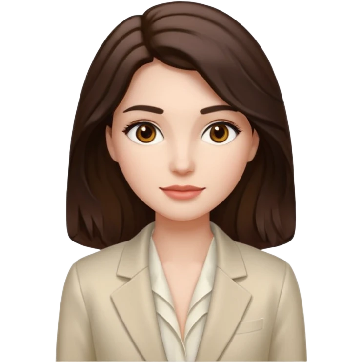Tom de pele: clara com fundo rosado
Cabelos: longos, castanho escuro, levemente ondulados
Sobrancelhas: bem definidas e cheias
Olhos: castanhos claros (podem ser destacados com brilho)
Traços marcantes: lábios cheios e sorriso suave
Roupa: blazer branco acinturado, top de seda bege por baixo emoji