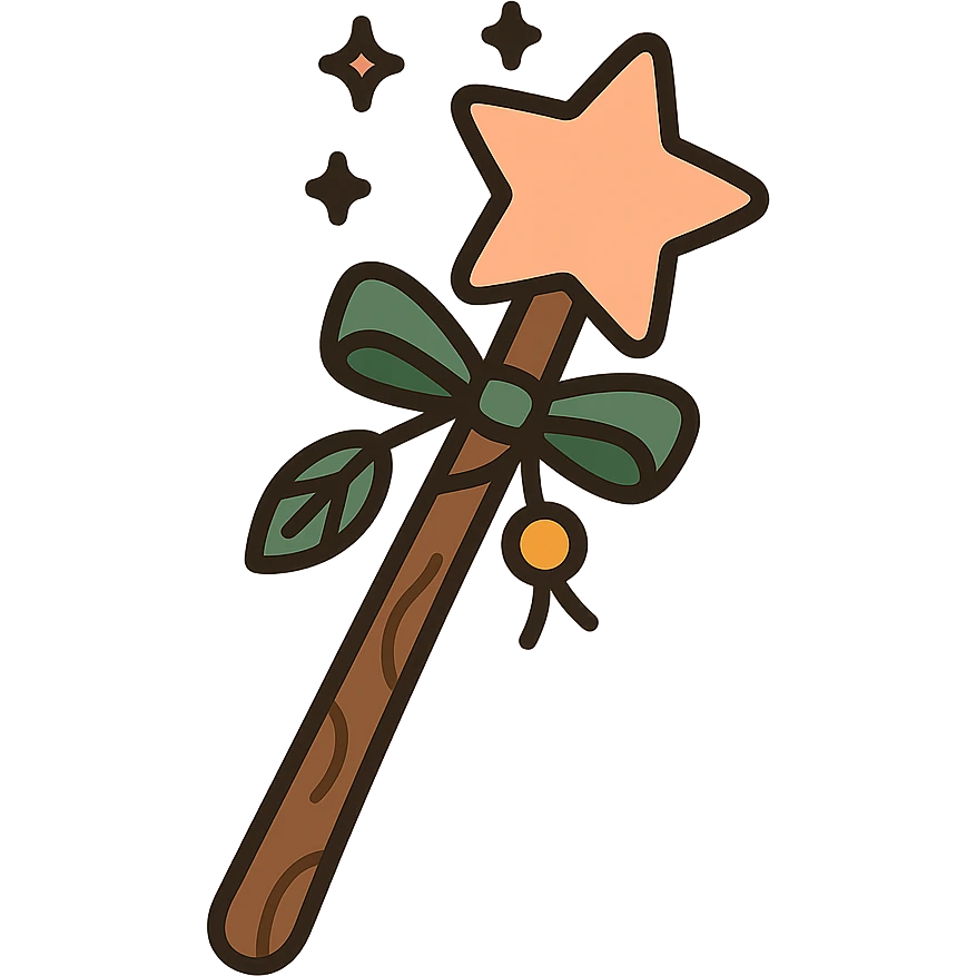 A cute and magical wand with an elegant, whimsical design, incorporating a color palette of golden orange (FA9B41), forest green (4A7C5C), soft taupe brown (96775A), and pastel peach (FFCC9A). The wand is slender and slightly curved, made of smooth wood with delicate carvings. At the top, there's a glowing gem or star in peachy tones, surrounded by tiny sparkles. Decorative elements like a ribbon, tiny leaves, or a small charm add a cozy, storybook-like charm. The overall look is gentle, enchanting, and magical, perfect for a forest fairy or a kindhearted young wizard. emoji