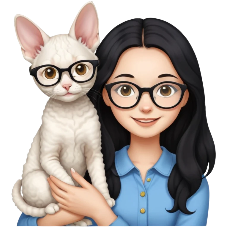 A girl with long black hair and glasses is smiling and holding a white Devon Rex emoji