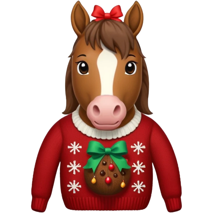 A jumper with à horse and a Christmas pudding with red bows cute emoji