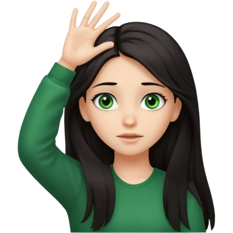 Animated girl dark long hair green eyes emoji holding right side of the head with her hand with duh facial expression , hand on top of her head emoji