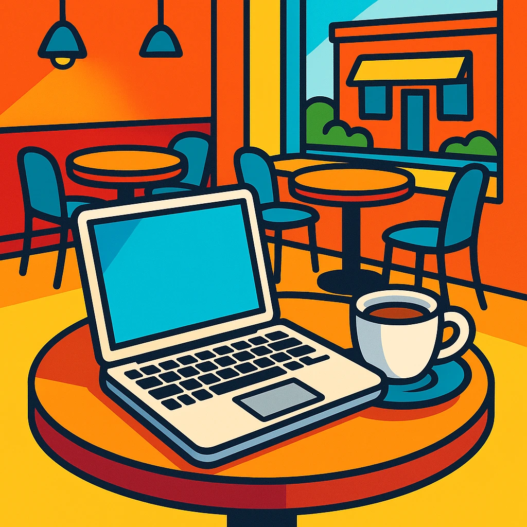 MacBook y café, estilo cartoon vibrante emoji