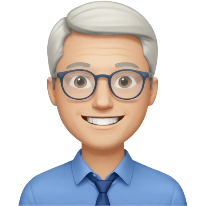 30 yr old pale white man, white/grey side swept stylish hair, round glasses, big smile, white teeth, handsome, longer hair, thin glasses, blue dress shirt emoji
