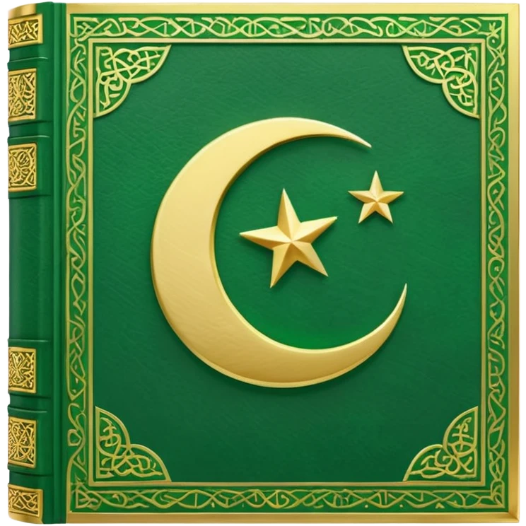 Closed Quran with the Islamic Symbol on it (moon and star) green from left to right emoji