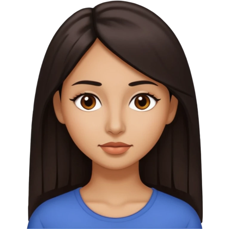 Morena, cabello liso hasta los hombros, ojos pequeños maron oscuro, nariz pequeña, labios gruesos emoji