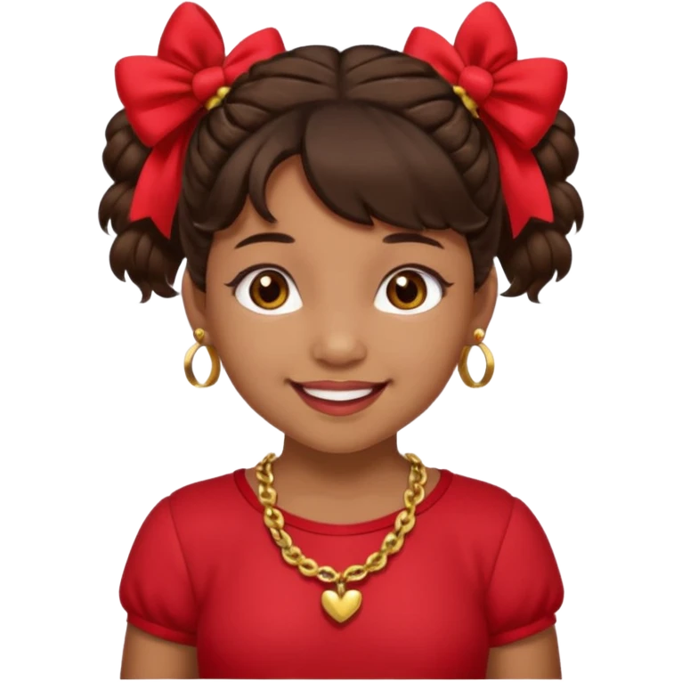 Brownskin girl dark brown hair fluffy. pigtails with red bows brown eyes smiling closed mouth red shirt gold esrrings gold necklace emoji