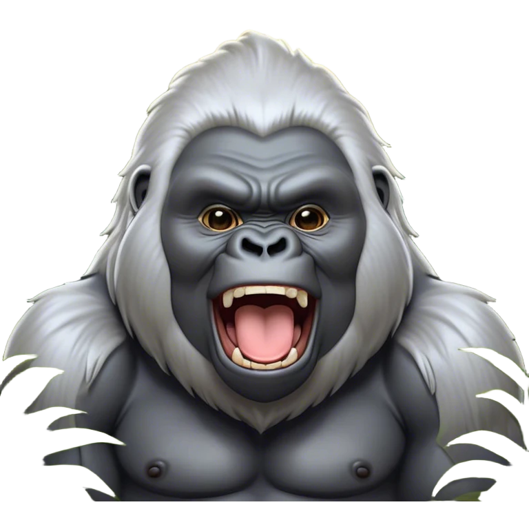 Cinematic Cute Yawning Silverback Gorilla Portrait Emoji, Head tilted slightly with a dramatic, wide-open yawn, showcasing a formidable build with a silvery mane and drowsy, half-closed eyes, Simplified yet irresistibly adorable features, highly detailed, glowing with a soft, cozy jungle glow, high shine, relaxed yet expressive, stylized with a dash of whimsical primate charm, soft glowing outline, capturing the essence of a drowsy yet affectionate guardian that appears ready to stretch out for a nap! emoji