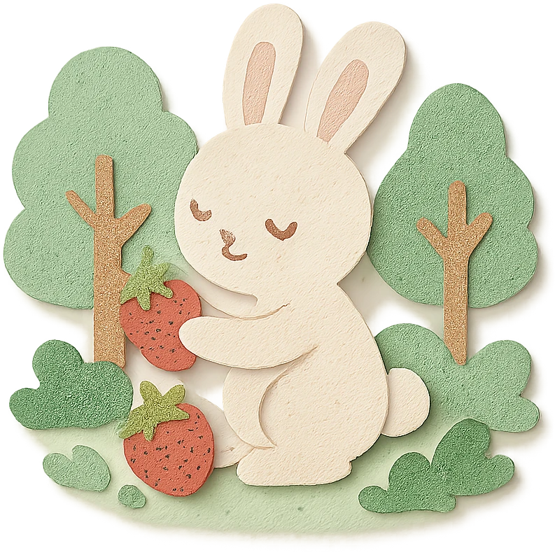 bunny picking strawberries in the woods, sweet pastel red, soft pastel color emoji