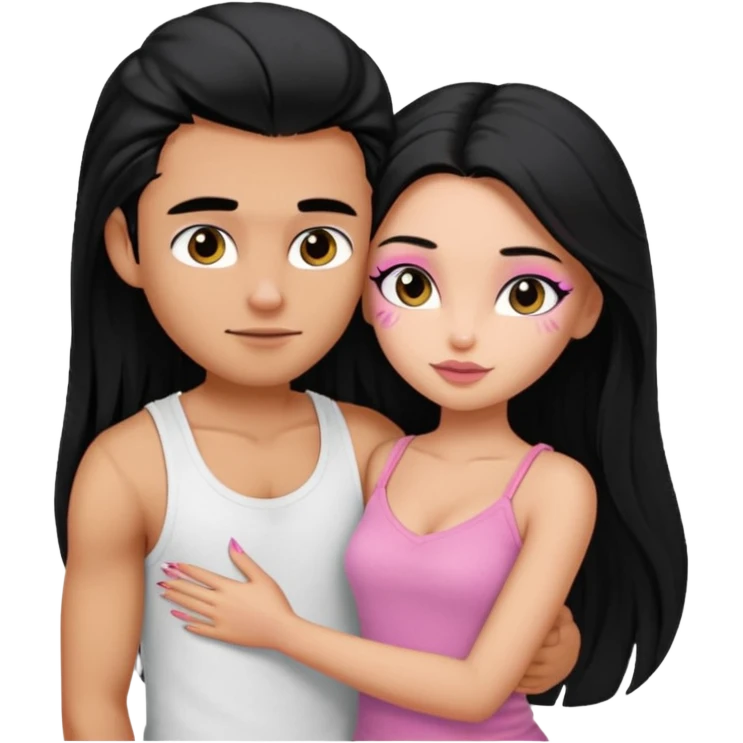 generate a pretty tan bratz boy wearing a white tshirt. Hugging a fair girl with long black hair, eyeliner, wearing a pink cami.  emoji
