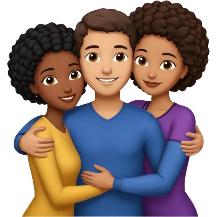  middle Eastern man with short brown hairwith two black african women both are African one is medium tone skin black and one is medium tone black with african hair styles. and they are all smiling and putting their arms around each other and kissing and hugging. emoji