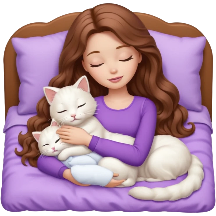 White Barbie girl  Chestnut Chestnut brown long wavy hair sleeping with white kitty at lavander bed emoji