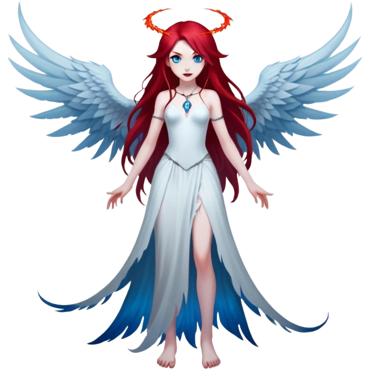 full body portrait of an extremely diabolical girl with pale white skin, massive towering wings, very long flowing blood red hair, glowing blue eyes, black hellfire aura, completely plain head with no accessories or features except hair, evil grin, no necklace emoji