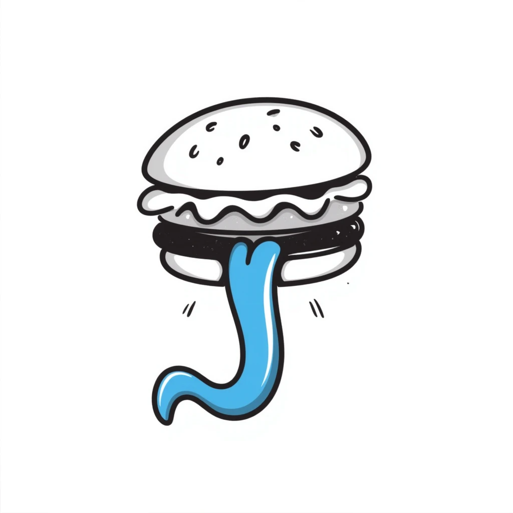 a long blue tongue sticking out between two hamburger buns, looking very funny and mischievous, hand drawn doodle style emoji