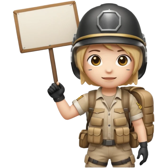 Create a cute emoji-style PUBG Mobile character, chibi version with helmet and backpack, standing in victory pose, holding a blank white sign or paper sheet in both hands in front of chest, ready for text, clean white background, simple emoji design” emoji