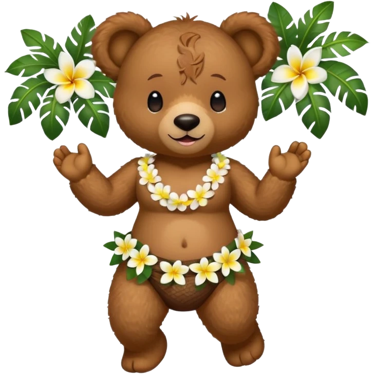 brown teddy bear wearing a coconut bra and a plumeria lei, dancing the hula emoji