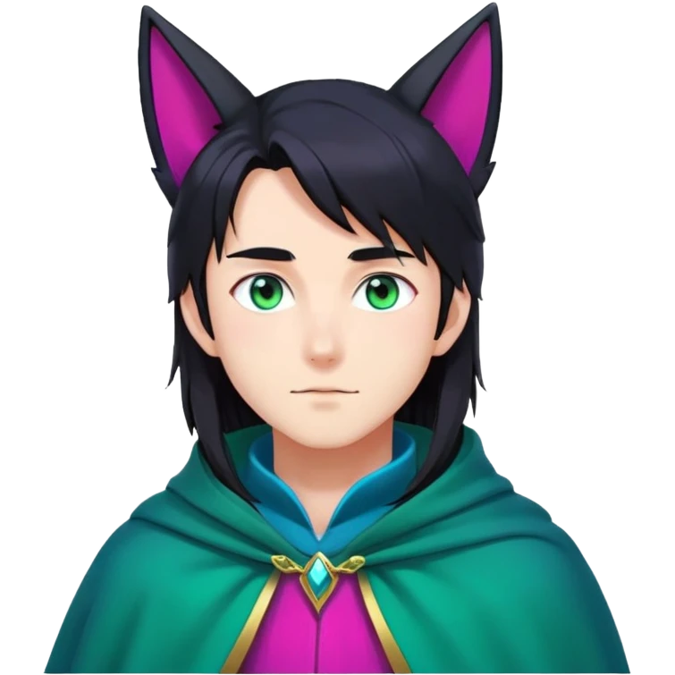 anime man with long-straight-dark-black hair, long black fox ears with pink Scapha, colorful-gradient-brown-turquoise eyes, gold earring, dark-blue-sweater, green cape, white pupils emoji