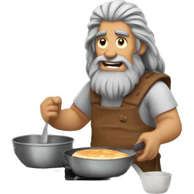  Caveman with long gray hair and a gray goatee cooking pancakes  emoji