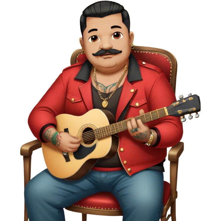 Icon for Chanson: Old fat chanson singer with tattoos and small moustache, red jacket, gold chains and braslettes, sitting on a chair with an acoustic guitar and standing microphone. No earrings. The atmosphere should reflect a nostalgic, soulful vibe with vintage elements. Transparent background. emoji
