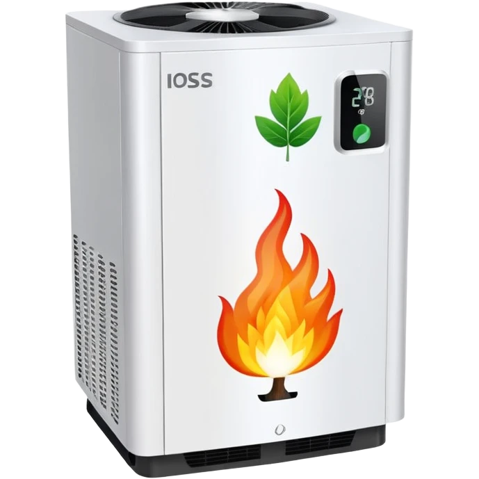 hybrid heat pump, simple, no text, with small flame and leaf symbol emoji
