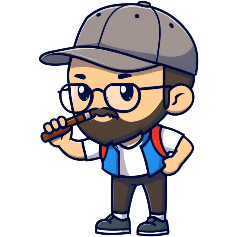 adventurer with small beard, glasses and backwards baseball cap emoji