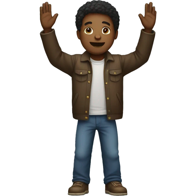 a black man standing straight with his arms raised emoji
