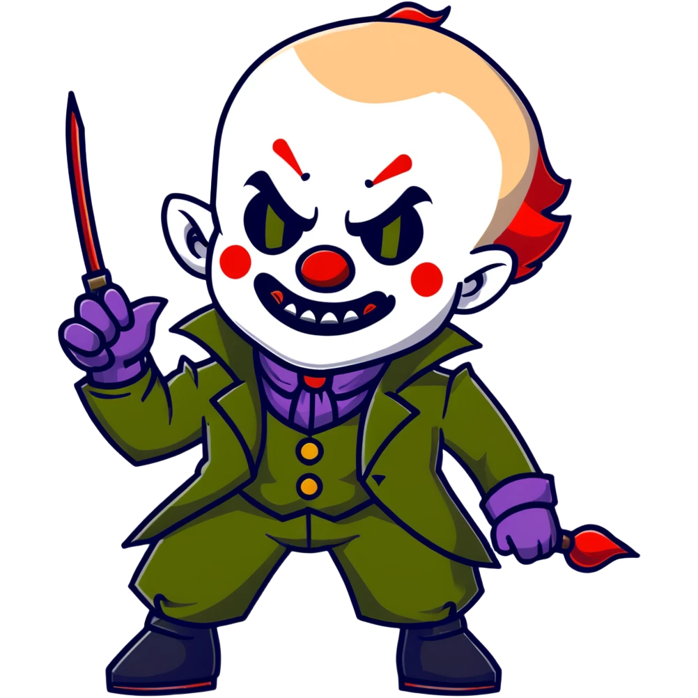 evil clown warrior, bald, small black horns on forehead, fangs, pointed ears, eye patch over one eye, long coat over black and military green leisure suit with bellbottom pants, tail, holding a whip, no knife, realistically proportioned, less bulky, full body visible, battle-ready fighting posture emoji