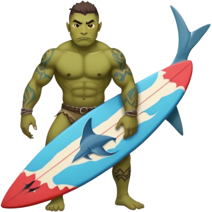orc male holds a surfboard with a shark painted vertically in his hands emoji