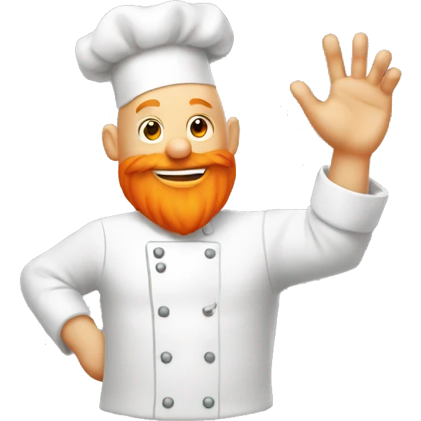 Bald man with a big orange beard dressed as a chef raises his hand in the air emoji