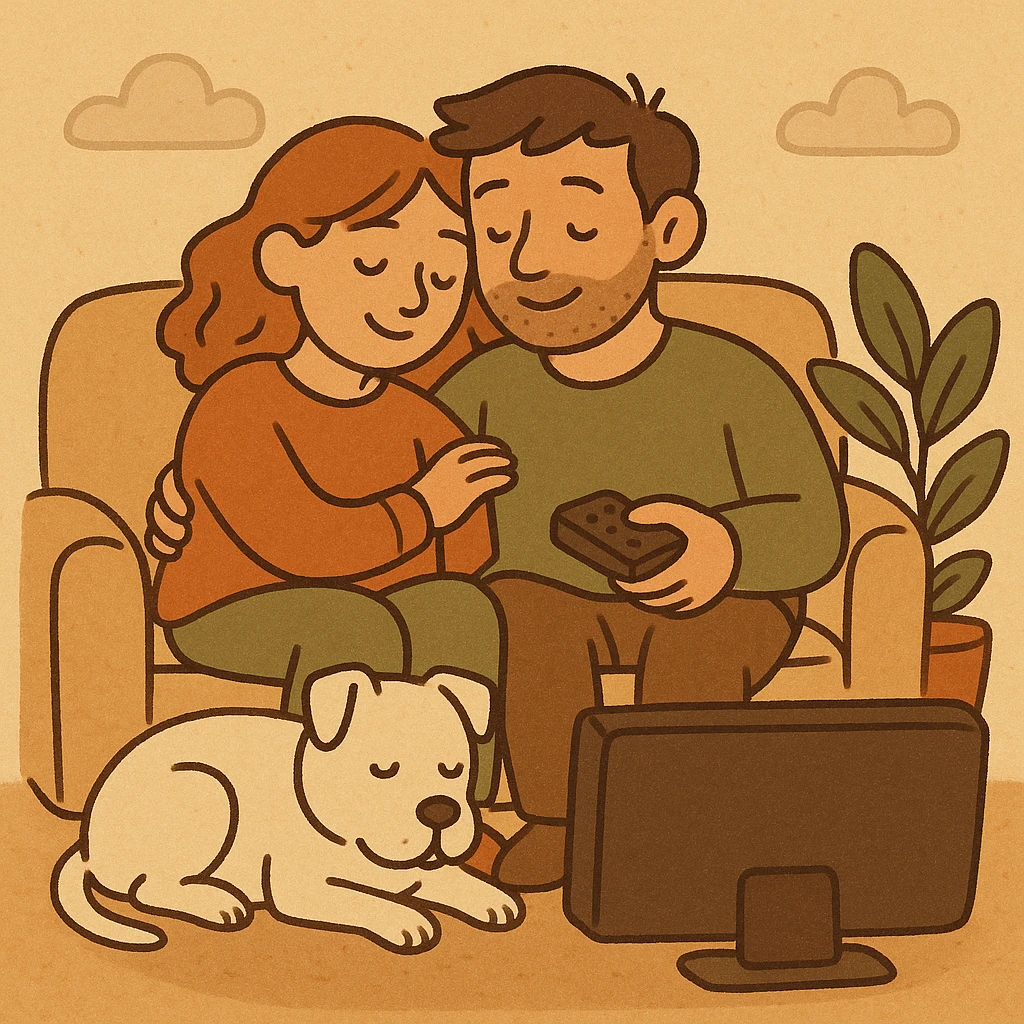 cartoon style, boyfriend and girlfriend cuddling while watching TV, white pitbull at their feet, soft lighting, homey vibe emoji