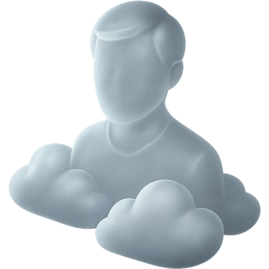 white person facing forward, cloud silhouette up to the shoulders, fluffy voluminous clouds, matte glass style emoji