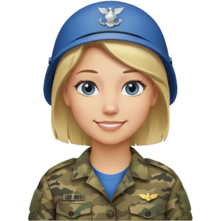 Apple-style emoji: female soldier, bust, no cap/helmet, friendly smile, generic camo top, blonde hair emoji