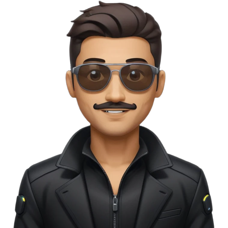 generate an emoji of a tall guy with a slight muostache, black cyberpunk suit and sunglasses. make him EXTREMLY happy emoji