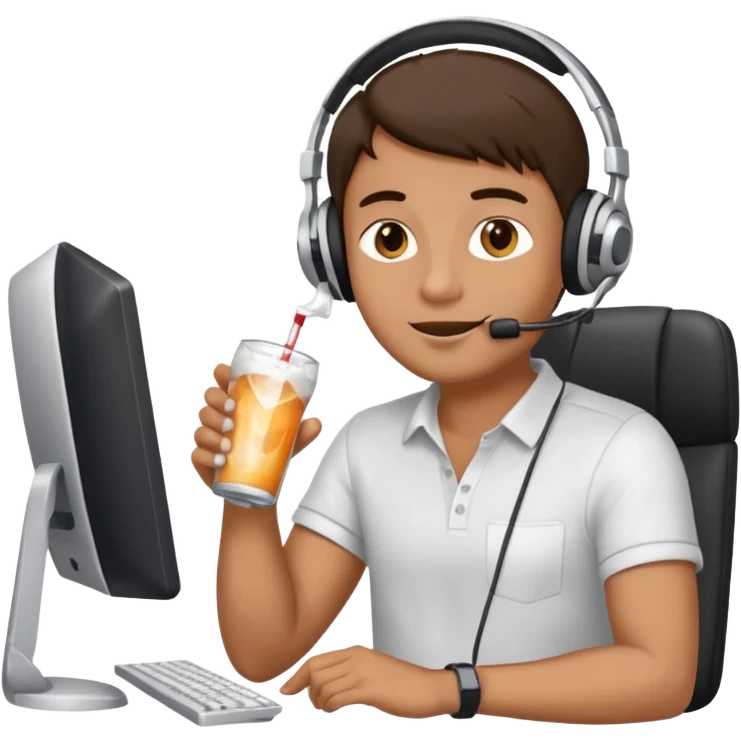 Hombre tomando blanco un refresco frente a un ordenador emoji