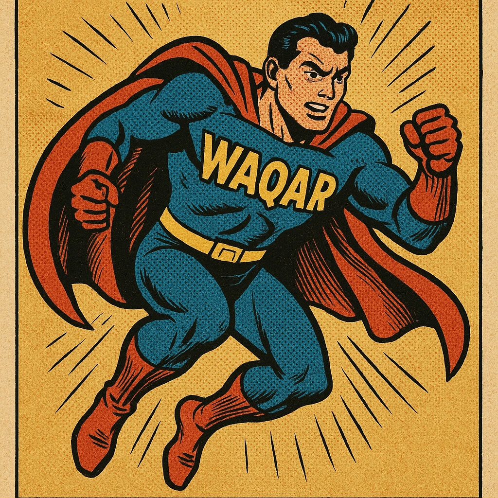 superhero character with the name Waqar on the costume, dynamic pose, bold colors, comic book style emoji