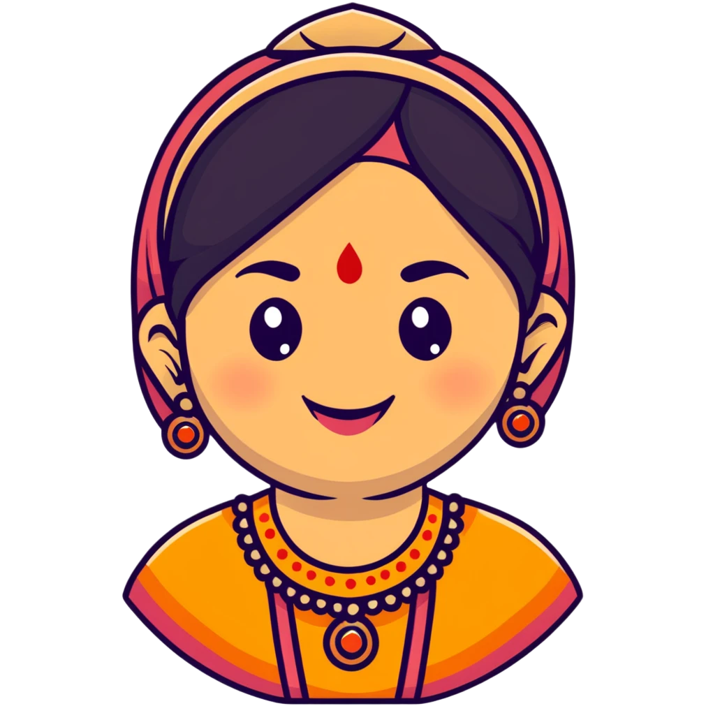 A cheerful Indian aunt (mausi) character with a plump face, smiling, wearing traditional Indian clothing and a bindi emoji