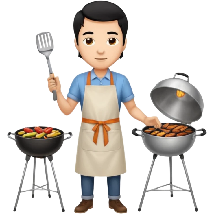 man cooking barbecue full-body black hair light brown skin emoji
