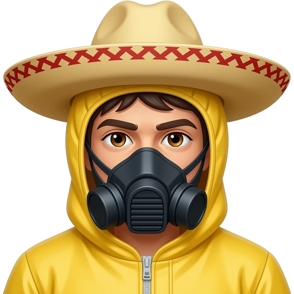 mexican man dark brown hair brown eyes yellow hazmat suit with hood on and mask with sombrero emoji