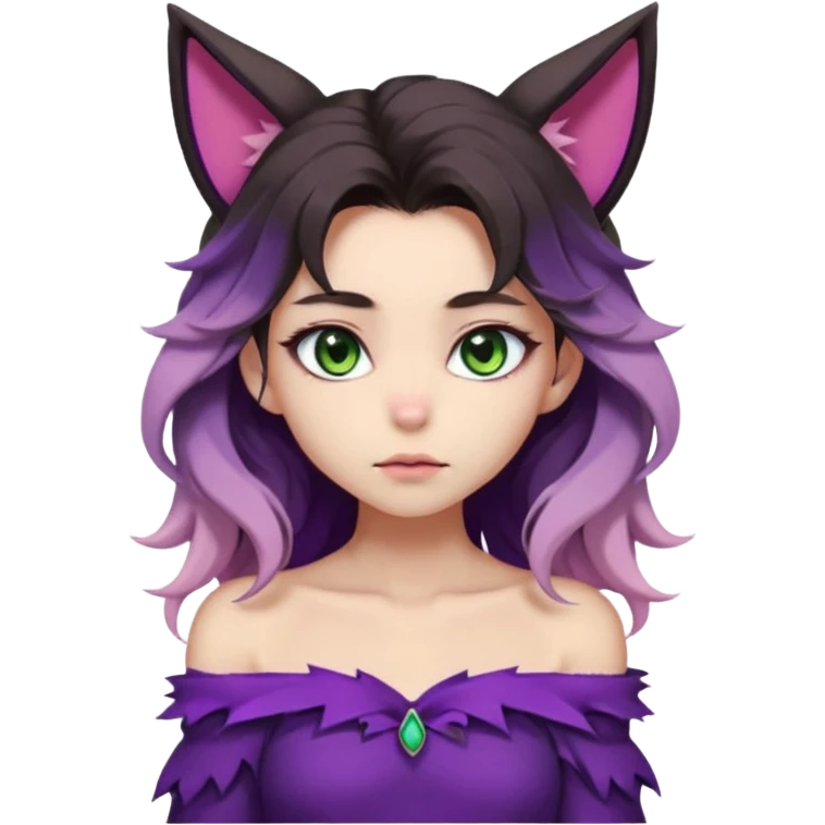 1 girl, long beautiful wavy black-brown-beige-gradients hair, vibrant and soft color palette, pointy furry ears, violet clothing, green eyes, slit pupils, young, skinny, japanese themed, pastel, dark, gloomy, edgy, shy expression, blush, (off shoulder) emoji