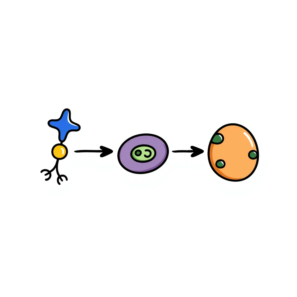 Hormone action diagram: blue starred hormone molecule binding to yellow receptor on purple cell membrane, triggering green signaling cascade inside orange cell. Hand-drawn anatomical illustration with arrows showing signal pathway and resulting cellular changes. emoji